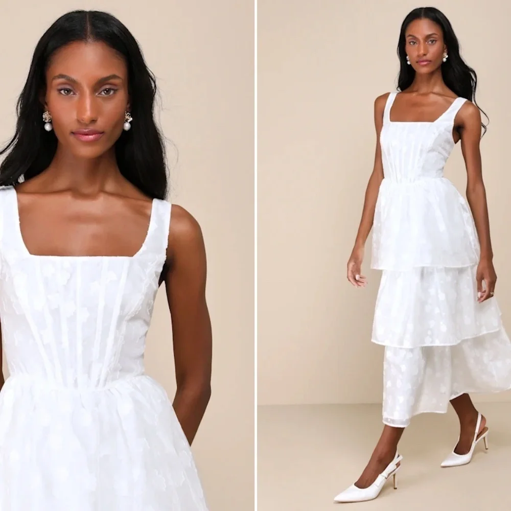 LULU's Wedding Bridal Shower Honeymoon Bustier Tiered Ruffle Midi Dress NWOT